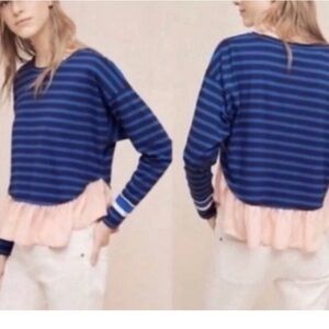 Anthropologie Striped Ruffle Pullover Knit Shirt Size Small Blue Pink